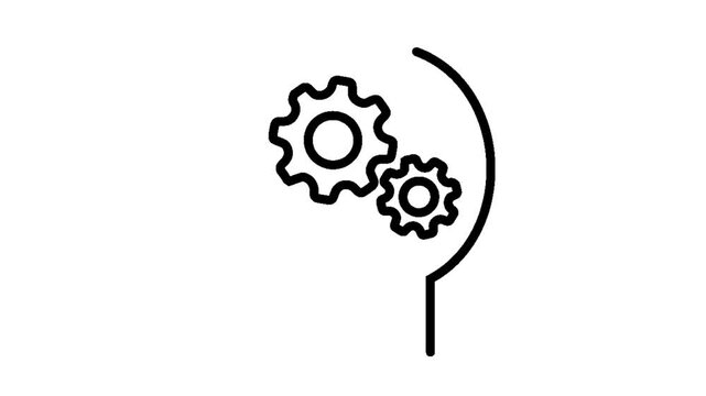 Minimalist outline vector icon showing mechanical gears inside a human head shape concept