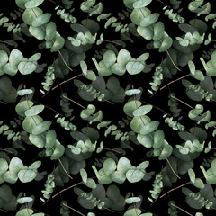 Eucalyptus watercolor illustration. Seamless pattern with green branches on black background. Botanical ornament for fabric, wallpaper, wrapping paper and textile © XeniaDenisova