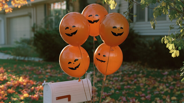 Halloween balloons tied to mailbox in 90s suburban yard with copy space sky &mdash; perfect for seasonal advertising, nostalgic family branding, and holiday content