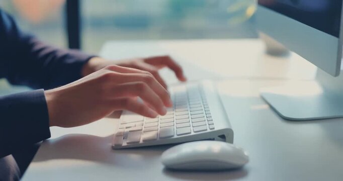 Person typing on keyboard close up working at desk with computer