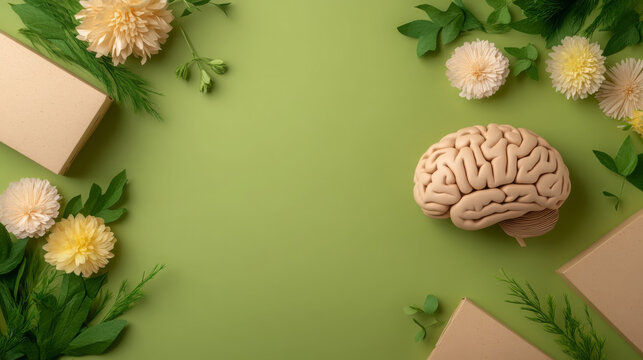 Artificial brain model, green background, flower, leaf, box, mental wellness, nature inspired