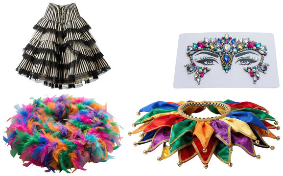 A colorful set of carnival costume accessories featuring a jester collar, face jewel stickers, a cancan underskirt, and a feather boa.