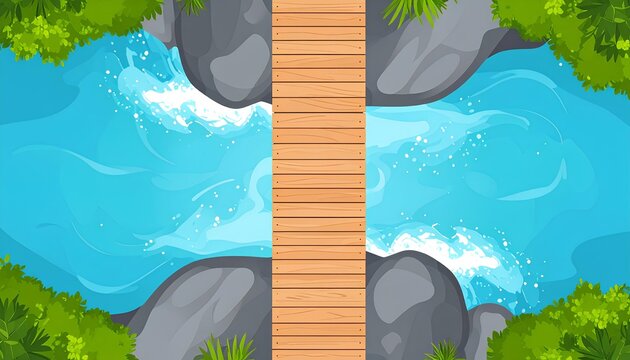 top view wooden bridge crossing river in cartoon vector illustration.