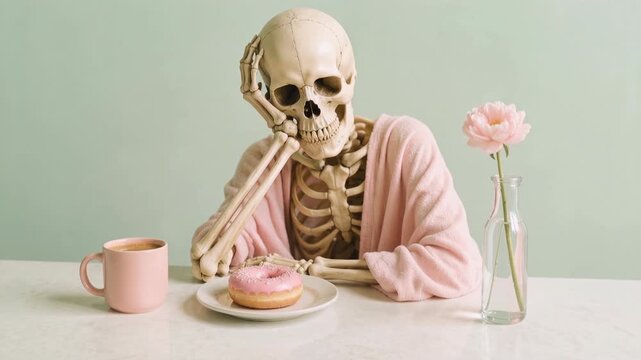 Skeleton in bathrobe contemplates life over coffee and a donut. A humorous and slightly macabre scene featuring a skeleton in a pink robe
