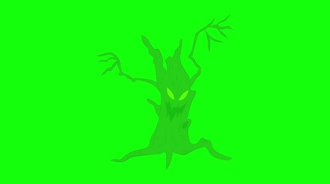 Animated Spooky Haunted Tree Monster Zooming Out on Green Screen Chroma Key Background Overlay