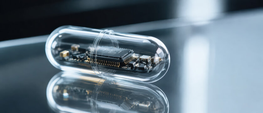Microchip inside transparent capsule on reflective surface symbolizing healthcare ai diagnostics innovation and technology in medicine