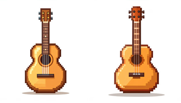 set pixel art illustration of a wooden acoustic guitar isolated on white.