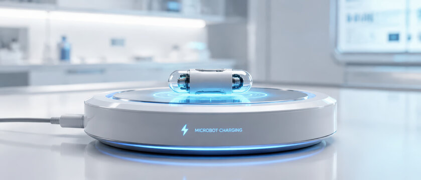 Healthcare device with ai diagnostics technology charging on futuristic platform in clinical lab environment