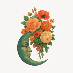 Fototapeta premium Floral crescent moon illustration