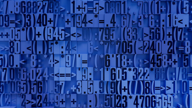 Dense Pixelated Blue Array of Diverse Numbers and Symbols in Varied Sizes and Orientations, Abstract Digital Art for Data Visualization and Innovative Technology Projects