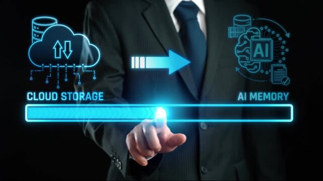 Businessman Using Touchscreen to Access Cloud Storage and AI Memory with Futuristic Graphics for Technology Concept Illustration. Liminal.