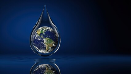 Obraz premium Crystal water drop containing planet earth, environmental conservation concept on dark blue background, global water resource protection