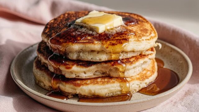 Delicious stack of pancakes with butter and syrup on a plate. A close-up view of fluffy pancakes, generously drizzled with golden syrup