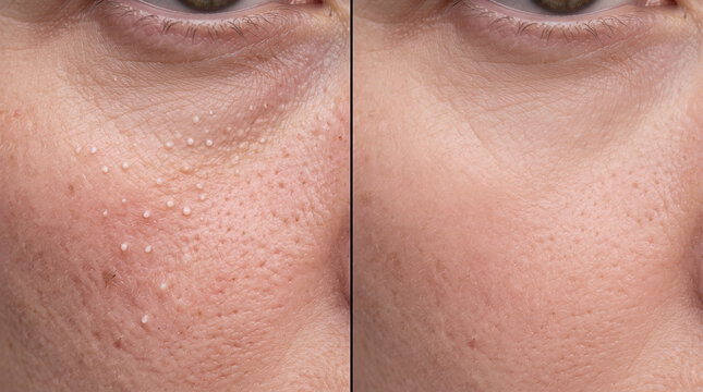 Before and after comparison of milia skin treatment showing pore reduction and acne recovery