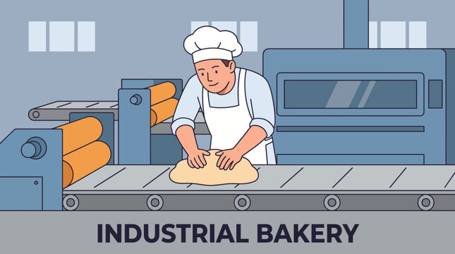 Baker Shaping Dough on Industrial Bread Line