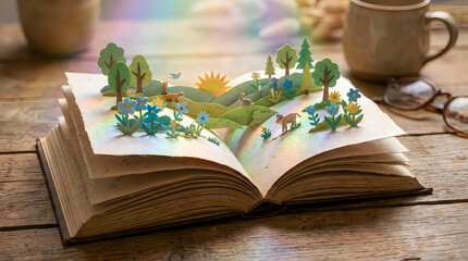 Fototapeta premium Open pop up book with magical miniature forest landscape and sunrise on wooden table, pop