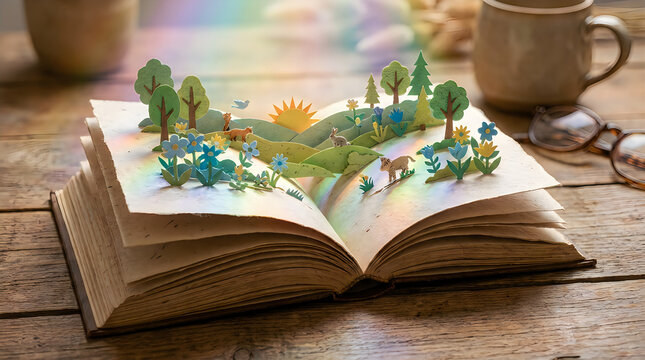 Open pop up book with magical miniature forest landscape and sunrise on wooden table, pop