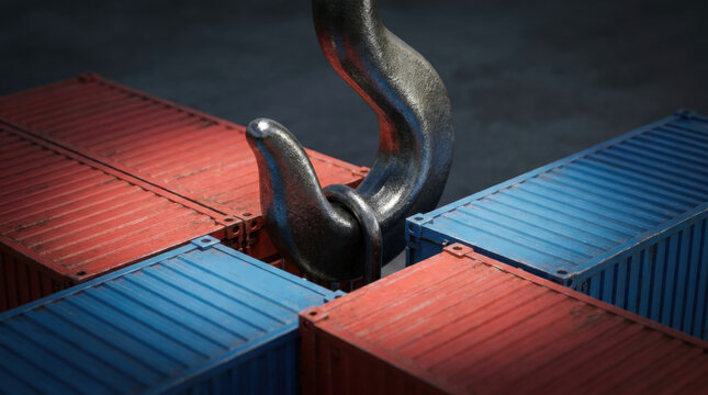 Shipping container hook closeup shows global trade impact with tariff wars affecting international cargo transport and logistics industry