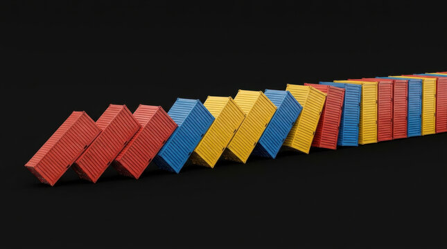 Shipping container domino effect represents global trade and tariff wars impact logistics and economy with red blue yellow containers