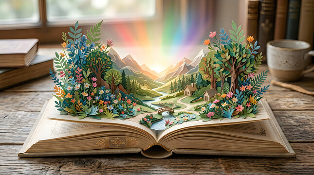 Magical garden pop up book with sunrise and rainbow on rustic wooden table pop up landscape