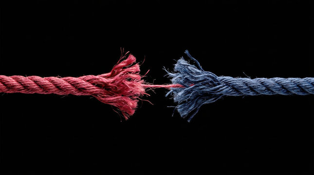Tension between two ropes symbolizes global trade challenges and tariff wars creating strain and potential break in economic connections worldwide