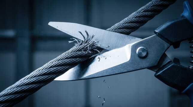 Cutting steel wire with scissors closeup showing tension and risk in global trade and tariff wars affecting industries worldwide