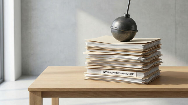 Incoming invoices rising costs concept with stack of paper and metal weight on wooden table in office