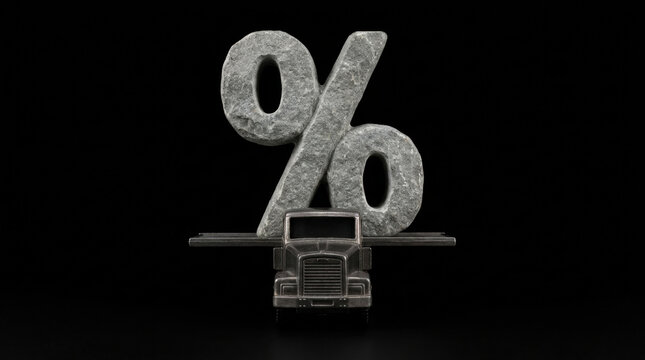 Percentage symbol and truck on black background representing global trade tariff wars impact on transportation and economy
