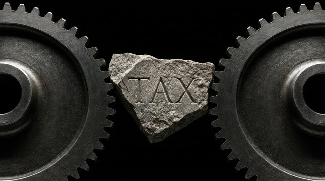 Tax stone between two metal gears symbolizing global trade and tariff wars affecting industry and economy