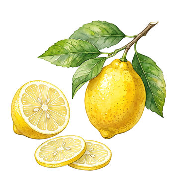 watercolor botanical illustration of fresh whole lemon with green leaves, half cut lemon showing juicy pulp segments, and two thin lemon slices