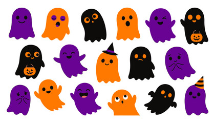 Fototapeta premium Set of various halloween ghosts with different facial expressions isolated on white background