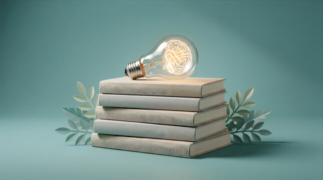 Glowing light bulb on top of a stack of old books representing bright ideas and innovation