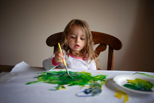 Young girl concentrating while painting a picture