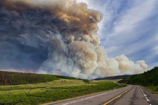 Colorado Highway and Massive Wildfire Smoke Plume
