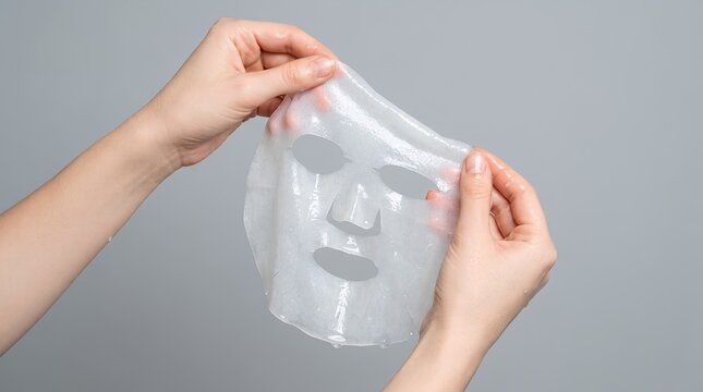 Woman Hands Unfolding Wet Hydrating Hydrogel Sheet Mask for Skincare Isolated on Grey Background