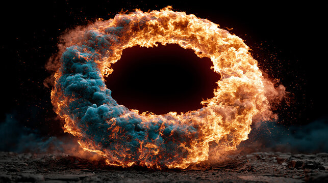 Donut fire effect circle patter on the ground , black background , epic action image.