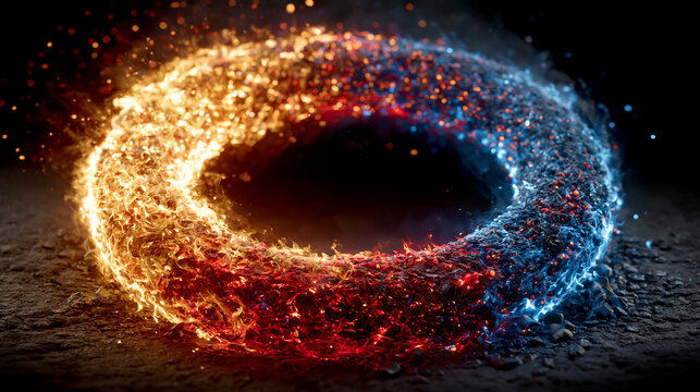 Blue and red color of donut fire effect powerful , black background.