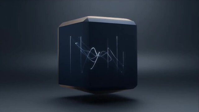Floating cube dark abstract 3d render finance data graph with glowing line chart, black background business market trend concept, modern SEO friendly digital art