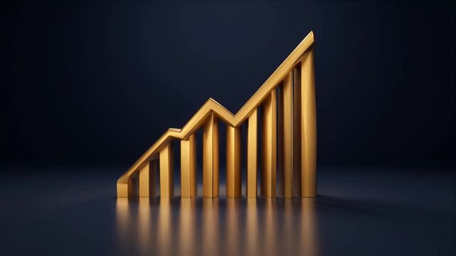 Finance growth chart with gold bars rising on dark background, symbol of business success and market increase, gold bar chart finance growth market profit investment economy strategy analysis success