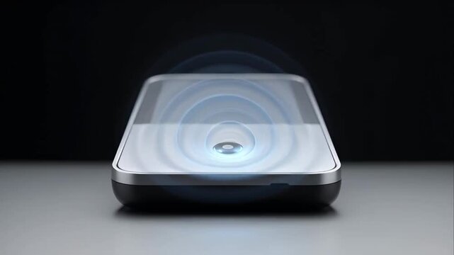 Wireless charging pad for smartphone device, modern power and energy technology with digital payment terminal, contactless transaction, secure commerce, sleek black silver design dark background with