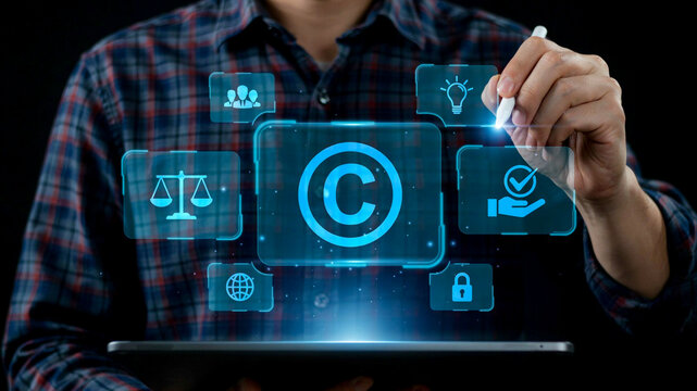Exploring Digital Rights Management A Person Interacting with a Virtual Interface for Copyright Protection, Intellectual Property, and Legal Security in a Modern Technology Environment