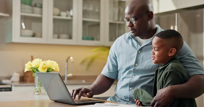 Laptop, remote work and dad with child in kitchen, multitasking and man with son or bonding in home. Family, embrace and black person with tech, freelancer and connection with happy kid in house