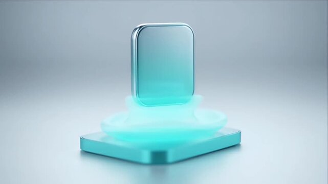 Abstract finance concept with glowing smartphone pedestal for digital payment and business technology, floating glass panel with teal base and soft shadow for finance abstract product display minimal
