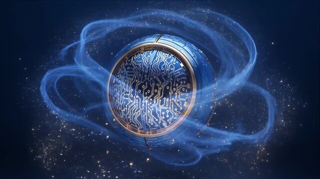 Blue Circuit Sphere Digital Technology Abstract Glowing Futuristic Orbit Particle Loop In Dark Cosmic Space With Digital Texture And Futuristic Abstract Technology Concept