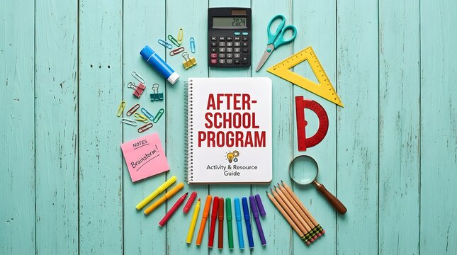After school program guide with colorful stationery supplies arranged on a rustic light blue wooden background