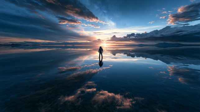 Lone Astronaut Standing on a Mirror Lake at Sunset Under a Dramatic Sky