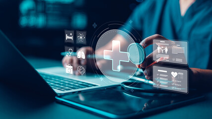 Digital healthcare technology with electronic medical records, telemedicine, patient care,...