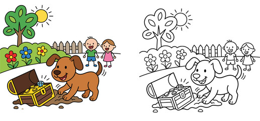 Cute dog digging up a treasure chest in a garden with kids, vector set with color version and black and white coloring page outline line art