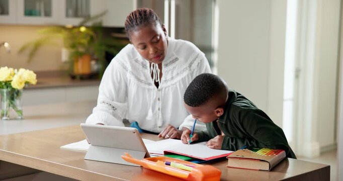 Homework, elearning and tablet with mother and black child in home for writing, education and support. Project help, notebook and online course with woman and kid in family house for math assignment