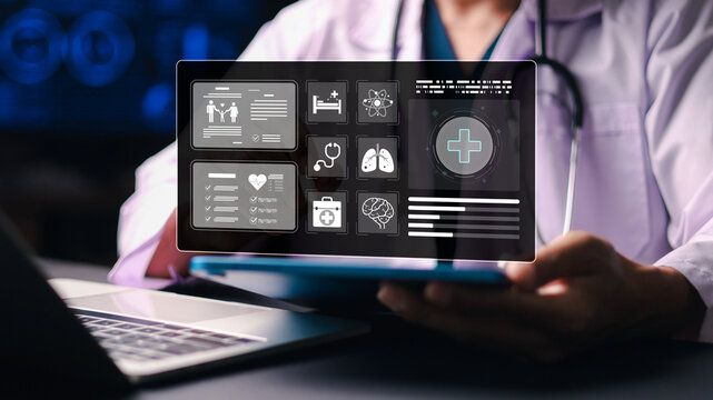 Electronic health records dashboard with digital patient data, telemedicine, medical analytics, and smart healthcare management system.